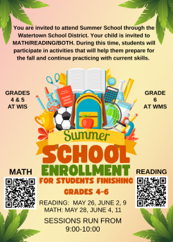 Summer School Math and Reading available for students entering grades 5th-7th. See flier for details and sign up.