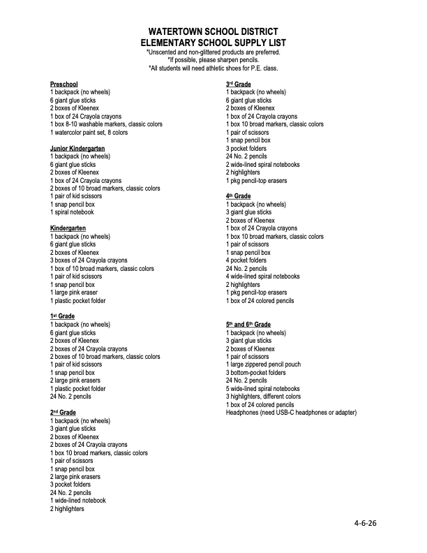 WSD K-6 Supply List