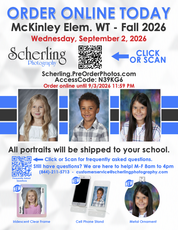 School picture day flyer with date of September 2nd, 2026, early order access code and images of smiling students and samples of some of the items they sell