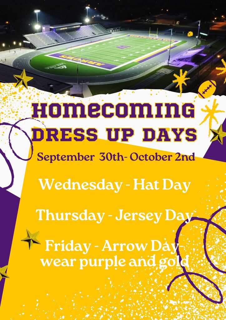 purple and gold background with stars and swirl lines and a picture of a football field with words "homecoming dress up days" with the dates and details on what to wear