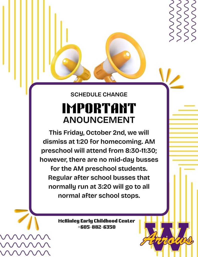 purple and gold lines, megaphones, Arrows logo and info about early dismissal on Oct 2nd
