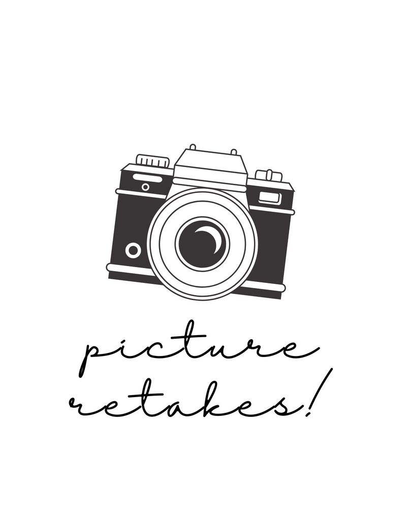 black and white cartoon camera above the cursive words "picture retakes!"