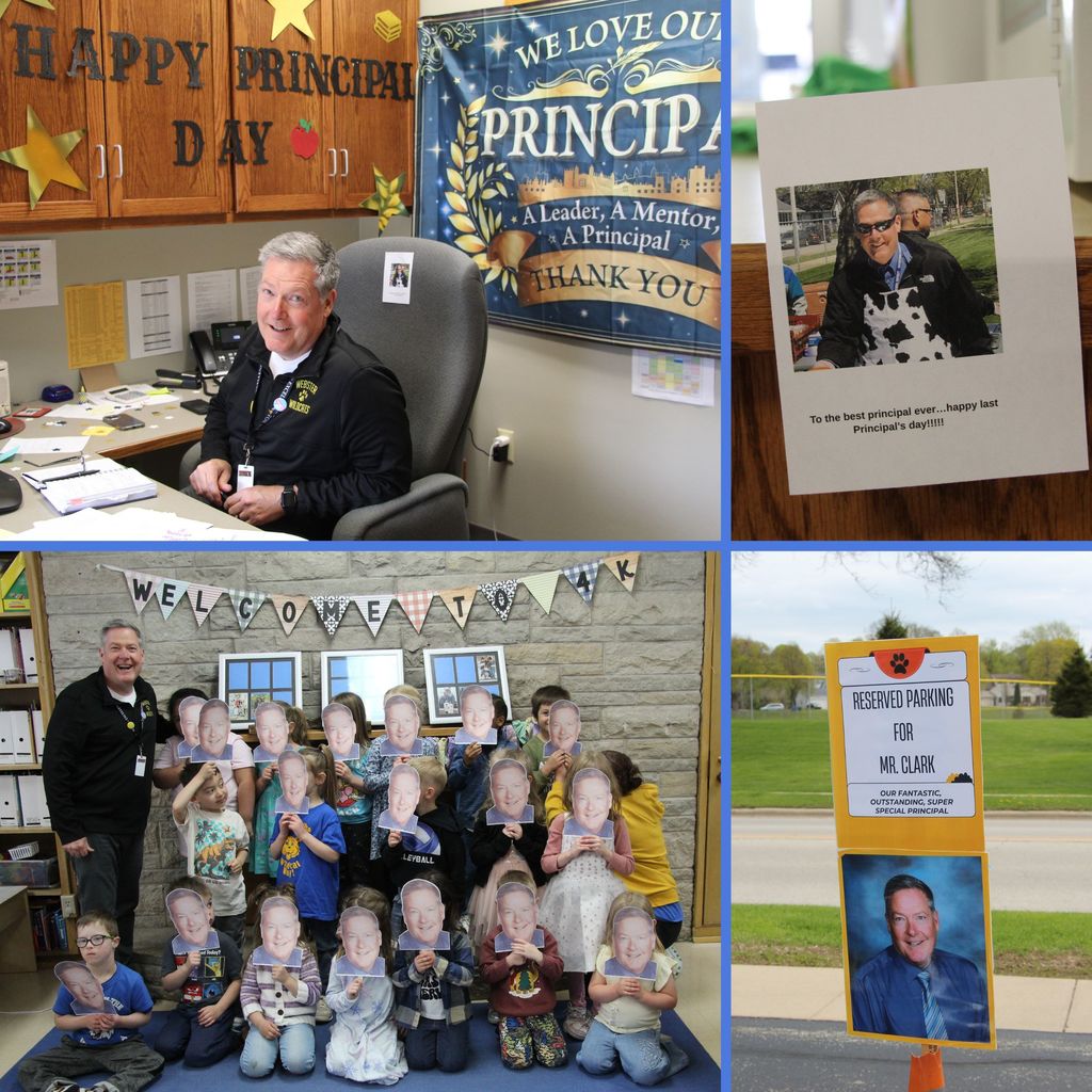 Collage of decorations at Webster School to celebrate National Principals' Day