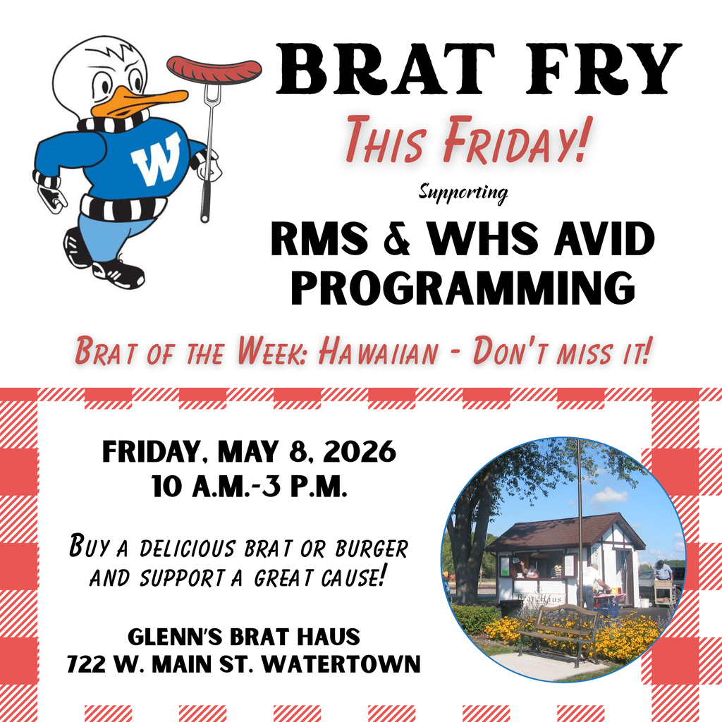 Flyer for RMS and WHS AVID Program Brat Fry at Glenn's Market & Catering Friday, May 8