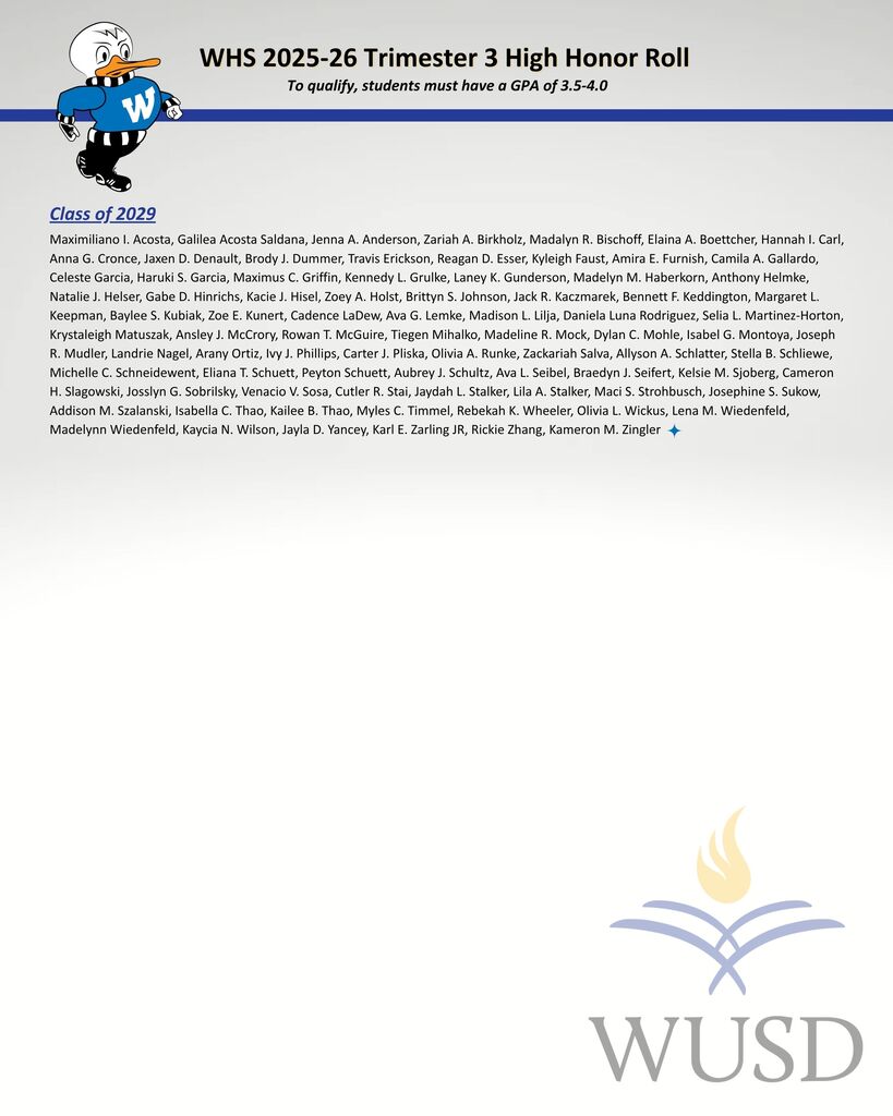 Watertown High School Trimester 3 High Honor Roll List