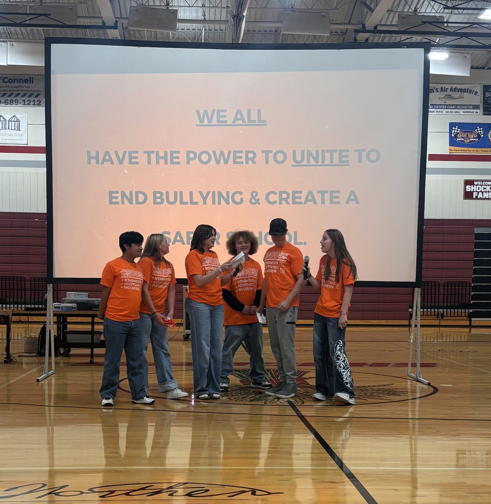 Students in orange shirts presenting.