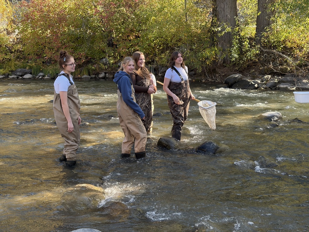 Students with a fishing net and waders.