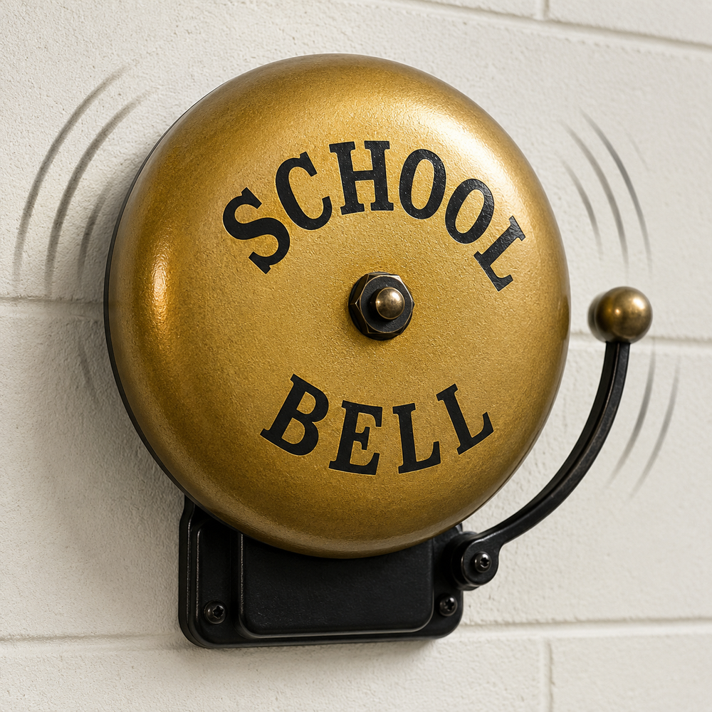 A ringing school bell with the words "SCHOOL BELL"