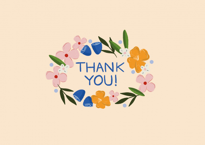 "thank you" surrounded by pink, blue, yellow, and white flowers and green leaves 