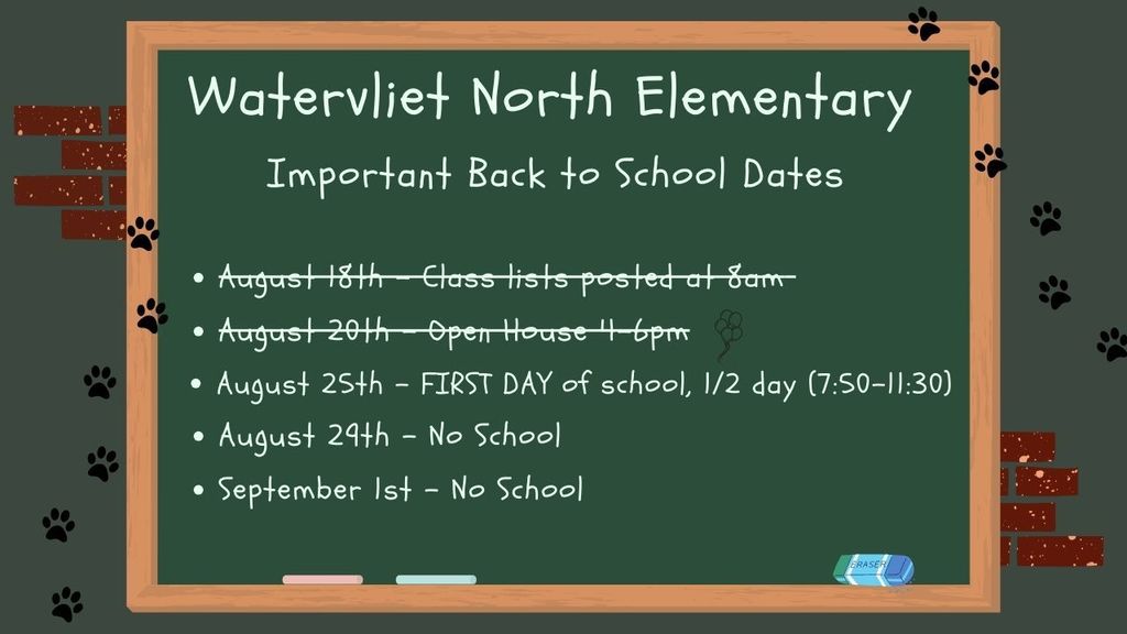 chalkboard with list of dates, paw prints, and brick