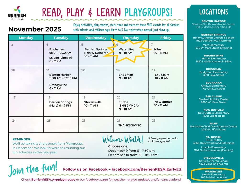 calendar with location and times of playgroups