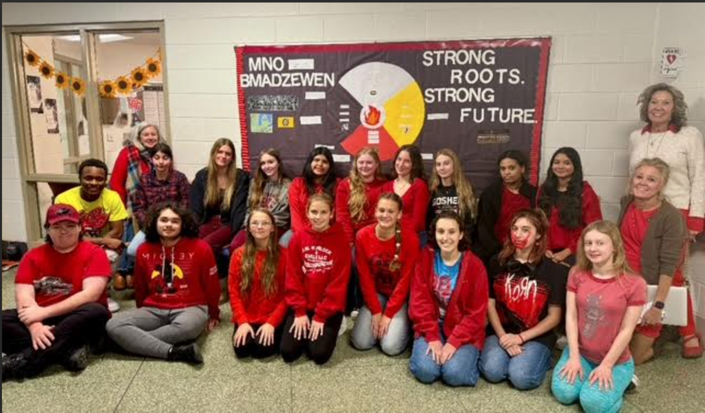students wearing red to raise awareness for missing & murdered Indigenous women, girls & 2-spirit people