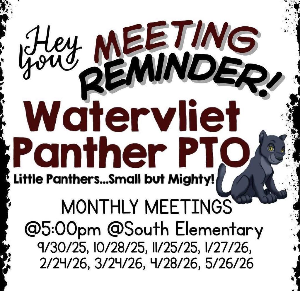 Meeting Reminder! Watervliet Panther PTO monthly meetings @ 5:00pm 