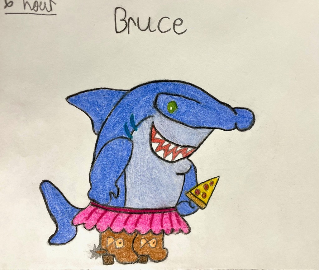 Colored drawing combining pizza, ballerina, cowboy boots, and a shark