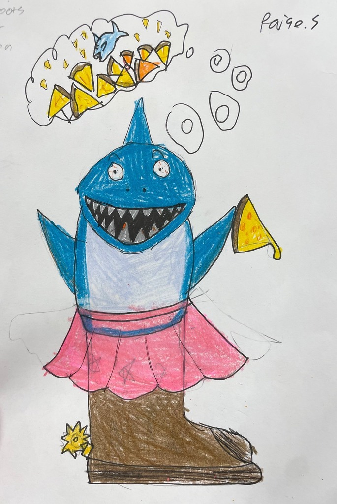 Colored drawing combining pizza, ballerina, cowboy boots, and a shark