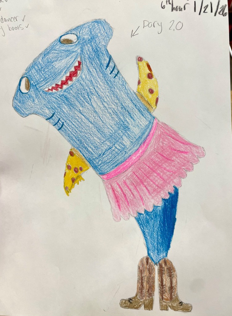 Colored drawing combining pizza, ballerina, cowboy boots, and a shark