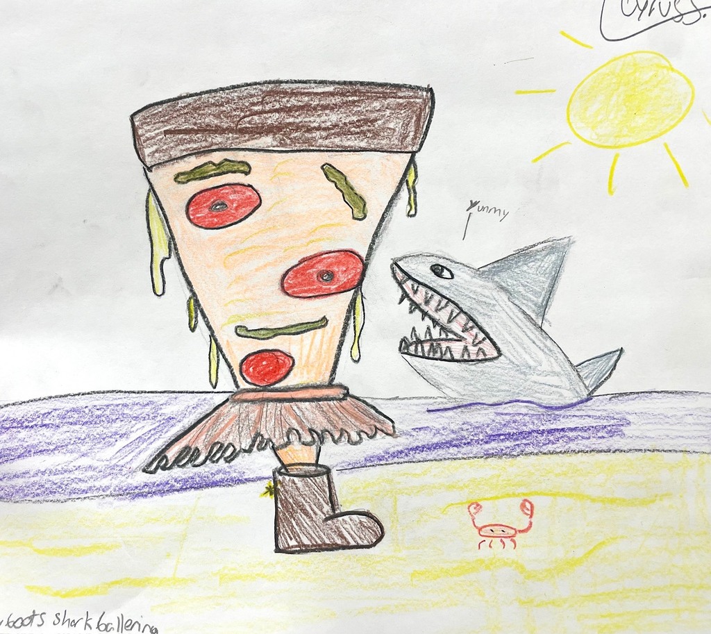 Colored drawing combining pizza, ballerina, cowboy boots, and a shark