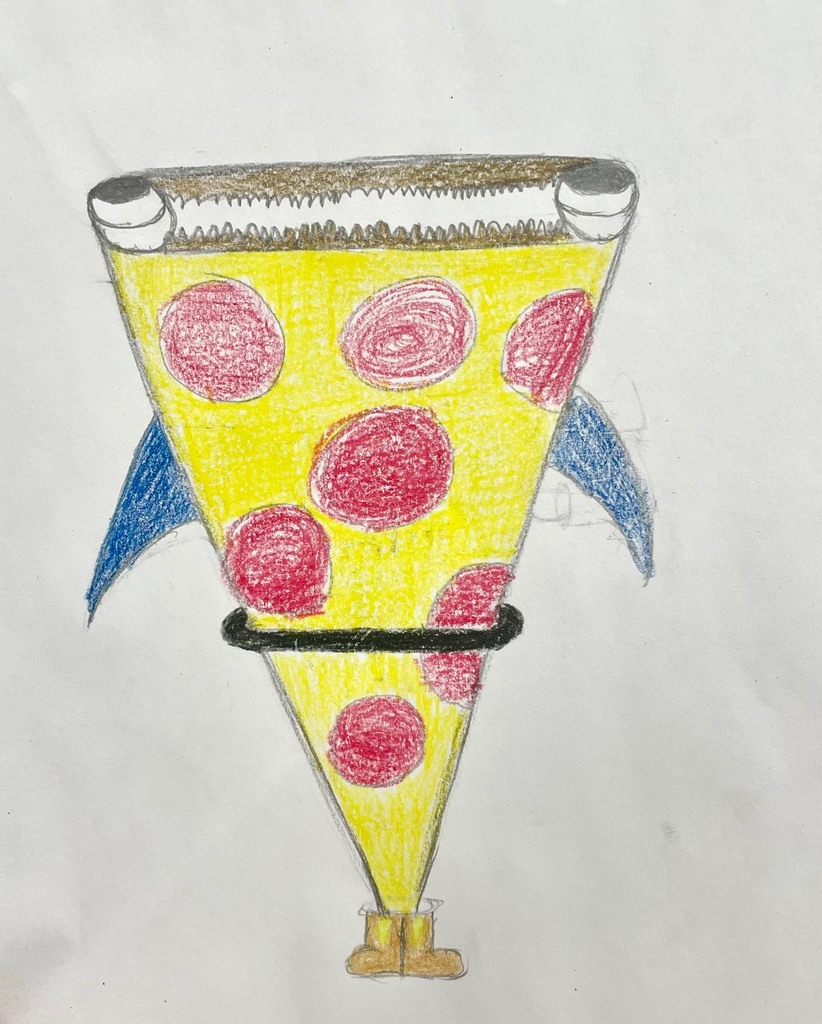 Colored drawing combining pizza, ballerina, cowboy boots, and a shark