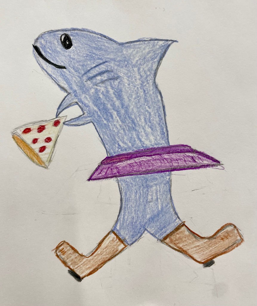 Colored drawing combining pizza, ballerina, cowboy boots, and a shark