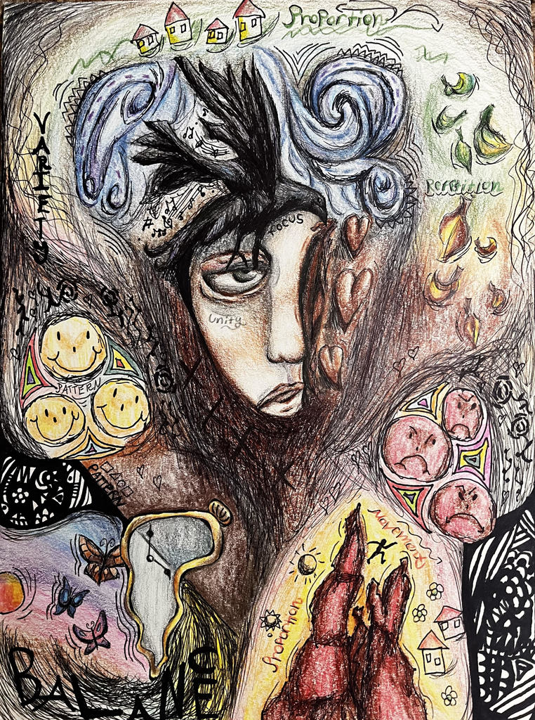 abstract painting of face and different objects