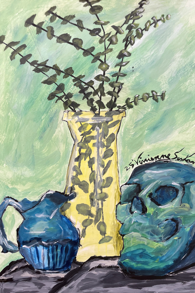 painting of vase with stems, pitcher, and skull