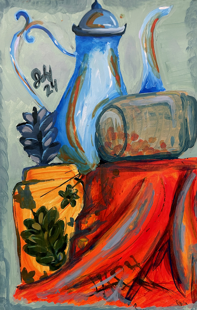 painting of vase, teapot, and jar