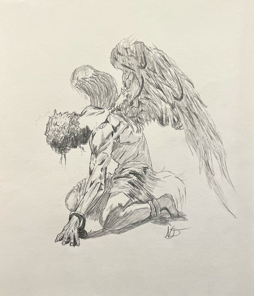 Drawing of man/angel sitting