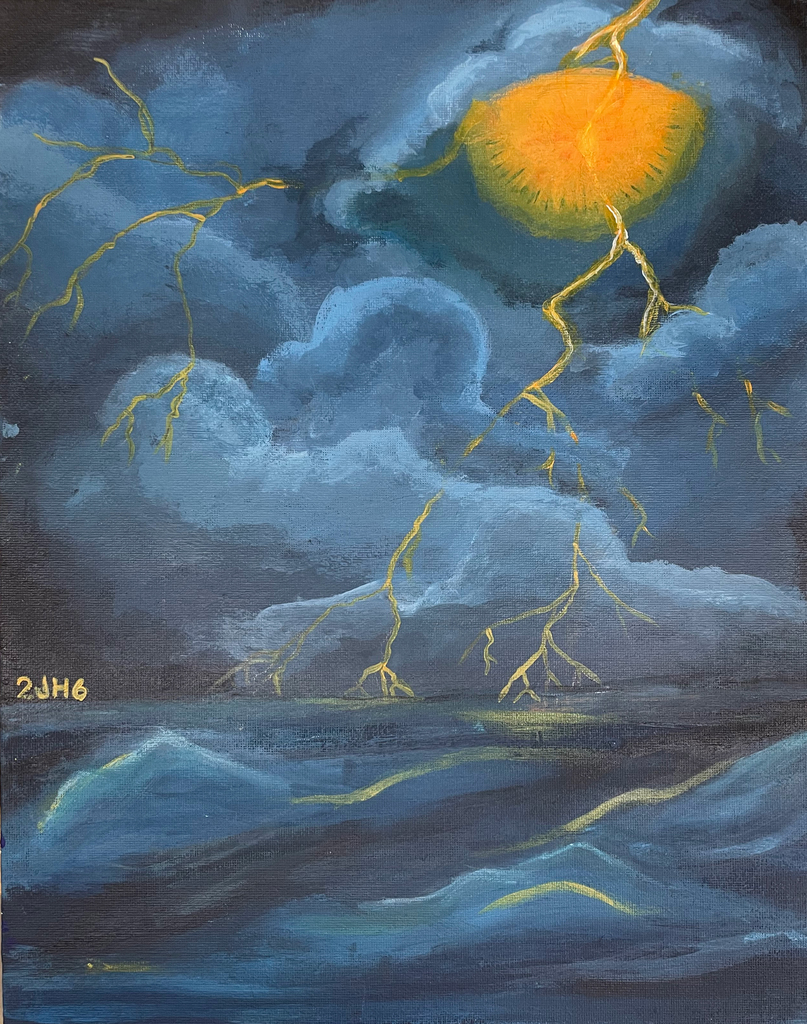 color painting of a storm with an eye at the top right with lightening coming out of the eye