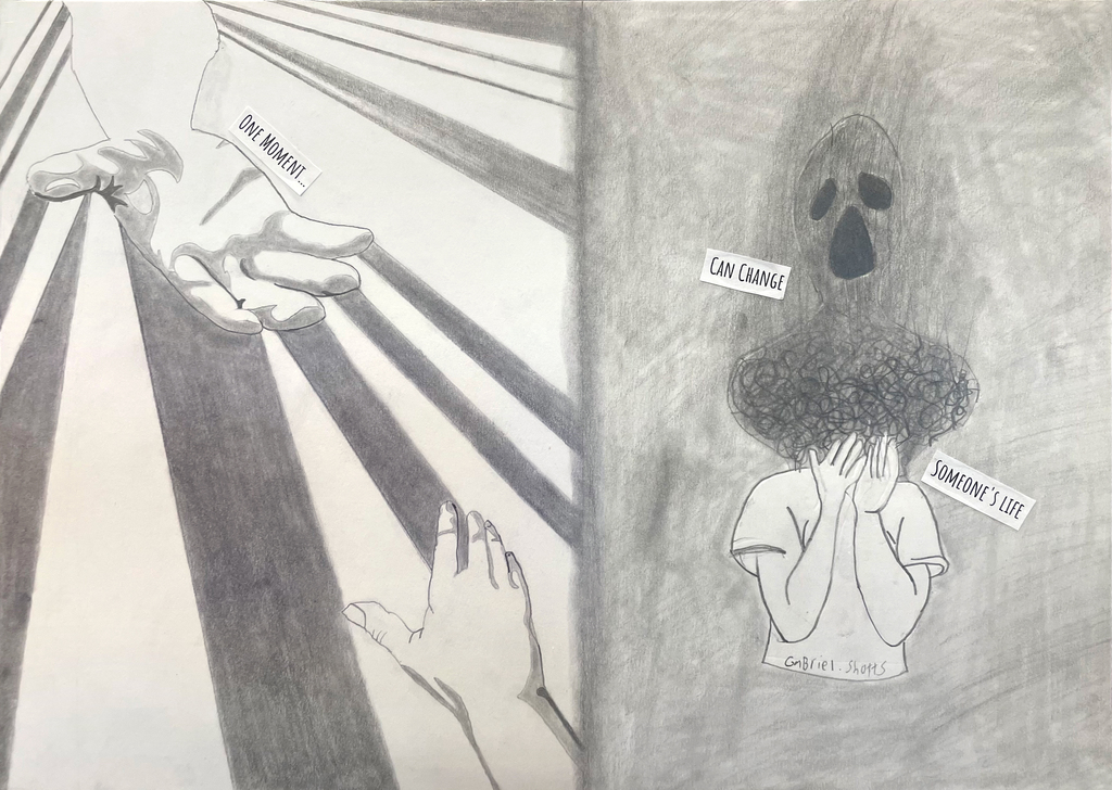 drawing of hands reaching out to touch & a body with a ghost head