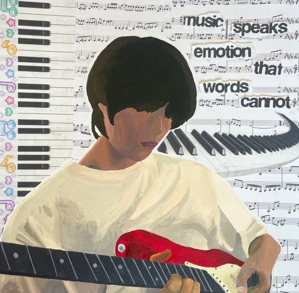 painting & drawing of a male student playing guitar with piano keys & words in the background
