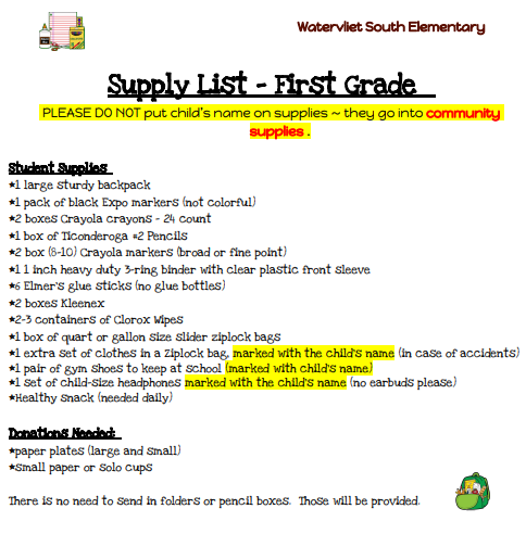 1st Grade Supply List