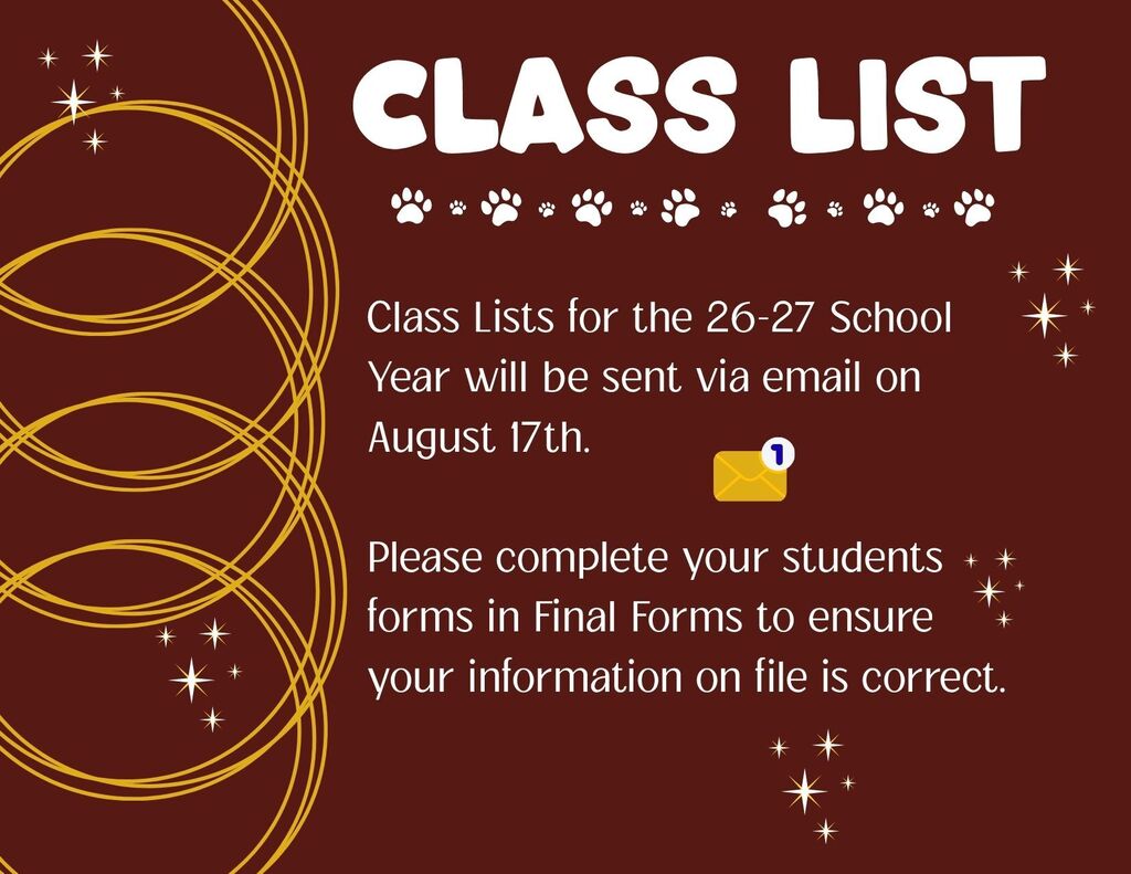 A maroon background with golden swirls displays the text "CLASS LIST" and provides information about sending class lists.