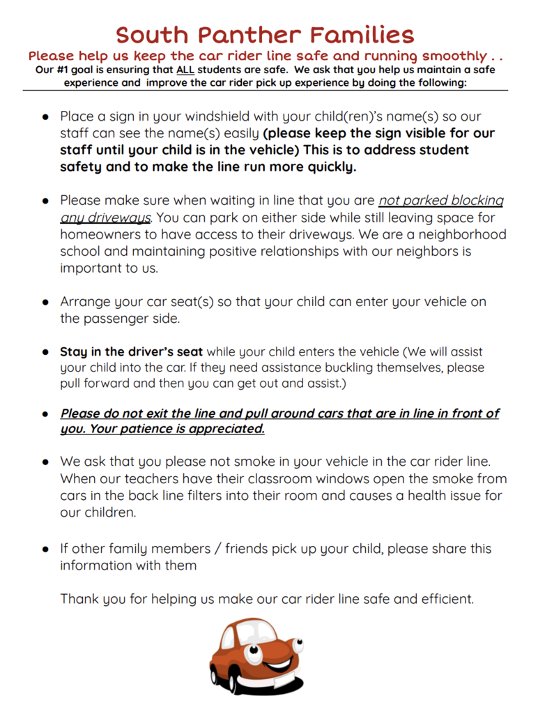 Document titled "South Panther Families" with car-riding safety instructions. Includes a red car graphic, bullet points, and text about safety measures.