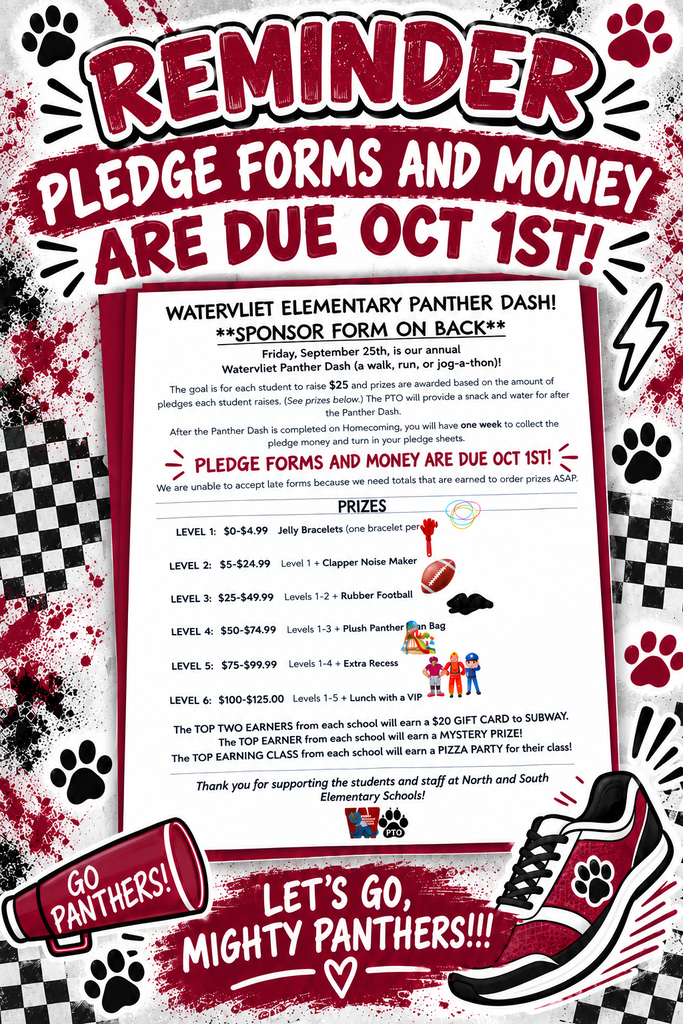 A red and black flyer displays "REMINDER: Pledge forms and money are due Oct 1st!" with paw prints and sneakers. It lists prizes for different levels.