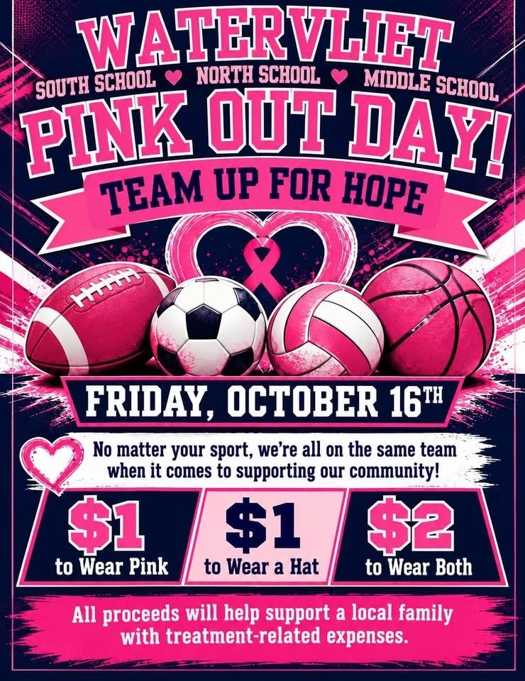 We will be having a 🩷PINK OUT🩷 this Friday 10/16!!! please bring a $1 donation to wear 🩷PINK🩷, $1 To wear a hat 🧢, or $2 for BOTH 🩷🧢!!! All proceeds go to a local family battling treatment expenses. purple and black with hot pink. football soccer ball, volleyball, and basketball in the middle with a heart and pink ribbon behind it. under it says no matter you sport we're all on the same team when it comes to supporting our community.
