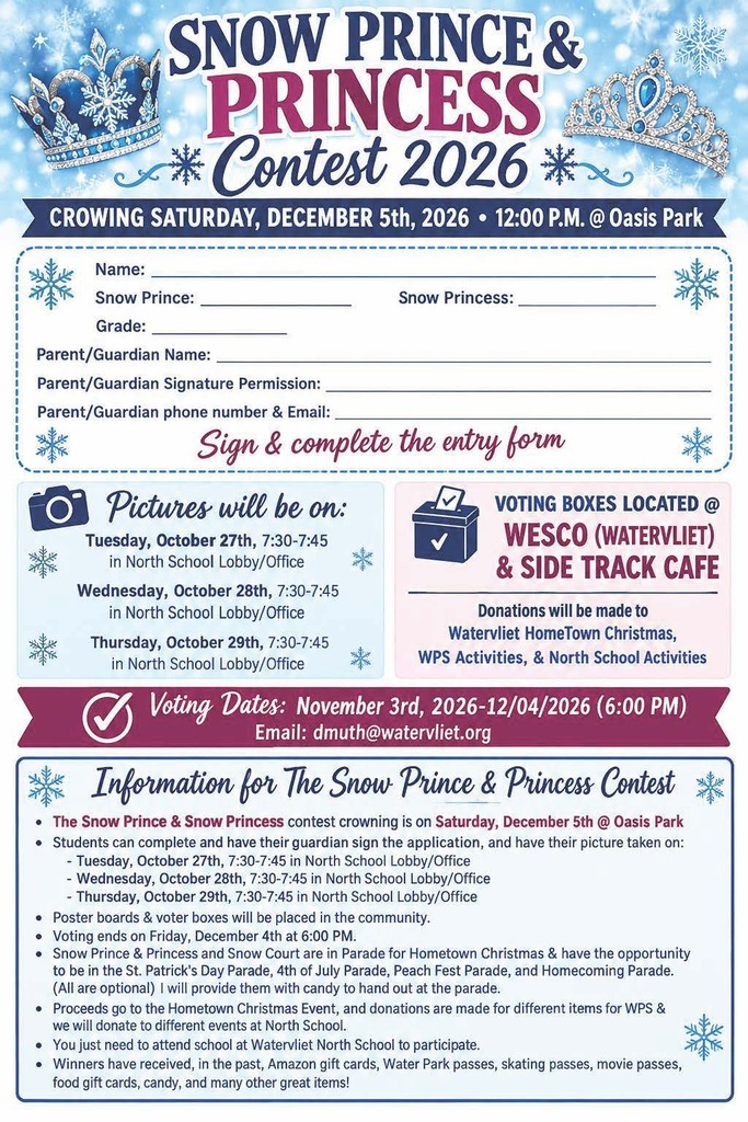 A flyer with a winter theme invites to a Snow Prince & Princess Contest 2026. The event is on December 5, 2026. Voting takes place on November 3, 2026.
