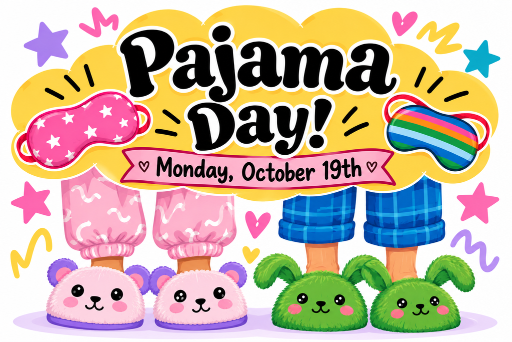 A graphic with colorful cartoon characters in pajamas with pink, blue, and green bunny slippers. The text "Pajama Day!" and the date "Monday, October 19th" are above.