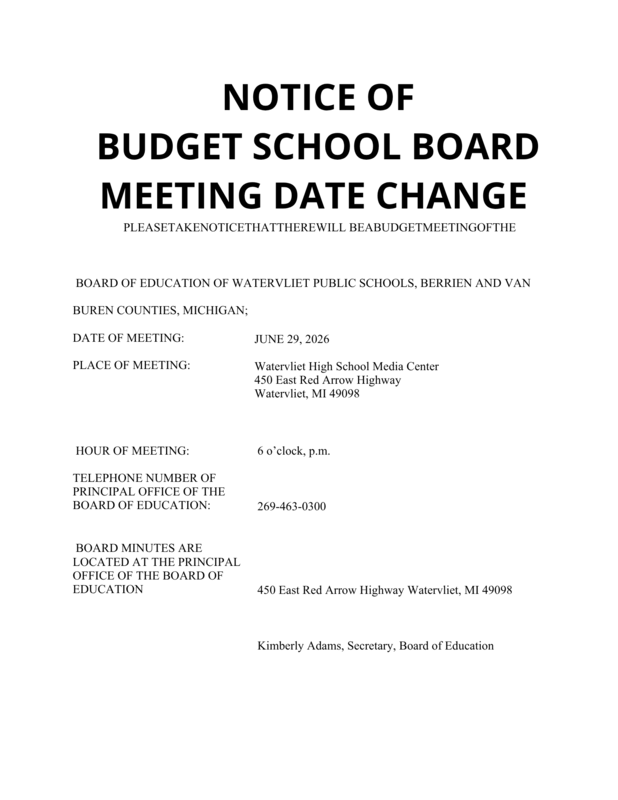 Notice of Budget School Board Meeting Change Date