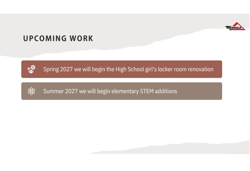 Spring 2027 we will begin the High School girl's locker room renovation, Summer 2027 we will begin elementary STEM additions