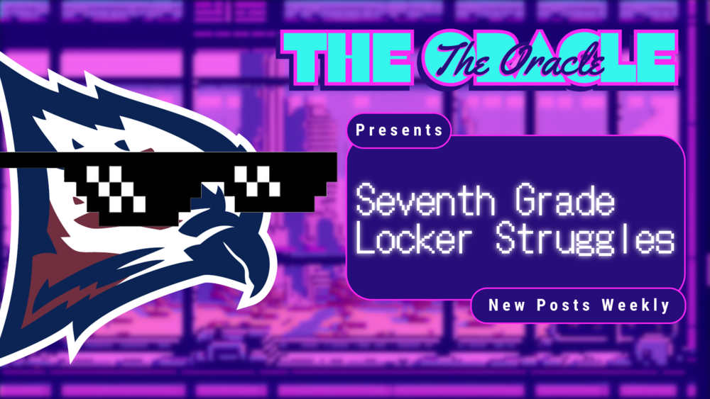 A title card from the video about 7th grader locker struggles.