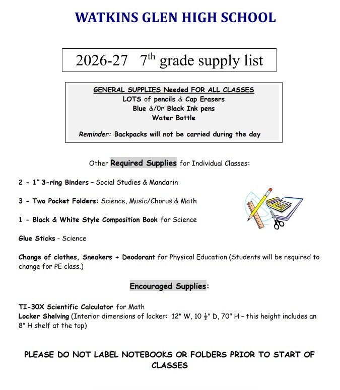 7th Grade Supply Lists