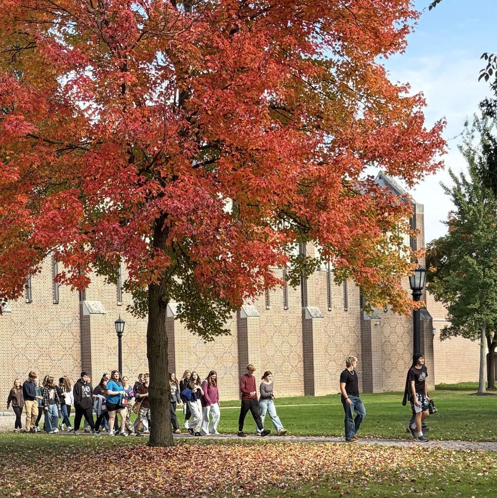 A group of people walking on a campus sidewalk, surrounded by trees with red leaves and a building in the background.