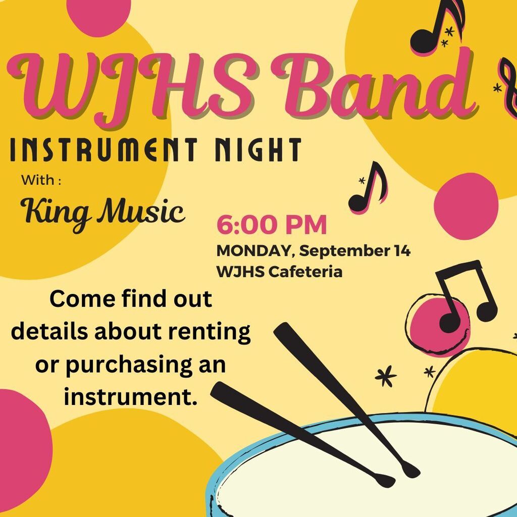 If your student is participating in band this year and you need to obtain an instrument - this is the easiest and best way to do it.  King Music will be presenting information and walking parents through the instrument rental process.  There are also options to purchase new or used band instruments through King Music.  Please plan to attend and find out all the great things King Music has to offer your band member!