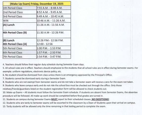 WCJH Semester Test Schedule