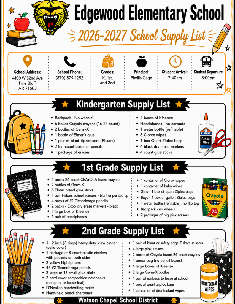 An informational list of school supplies for Kindergarten, 1st, and 2nd grade at Edgewood Elementary School, 2026-2027 school year.