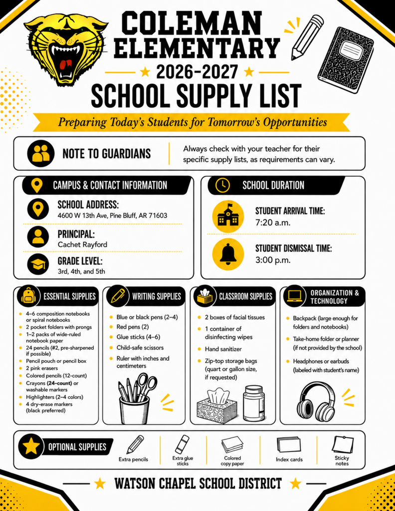 A colorful flyer from Coleman Elementary School lists school supplies, addresses, and contact details for the 2026-2027 academic year.