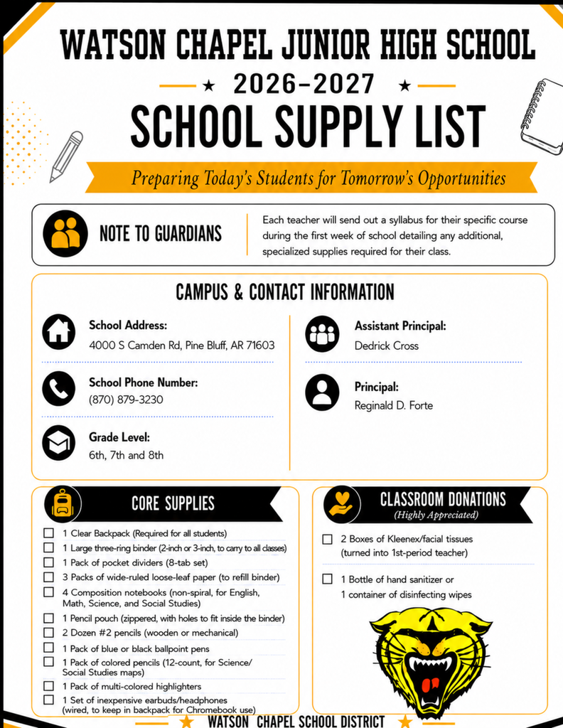 A poster displays the 2026-2027 school supply list for Watson Chapel Junior High School, including core supplies and classroom donations.