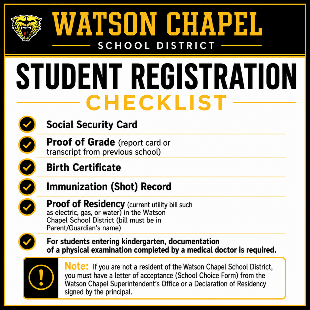 A checklist for Watson Chapel School District student registration. It includes Social Security Card, proof of grade, birth certificate, immunization record, and proof of residency.