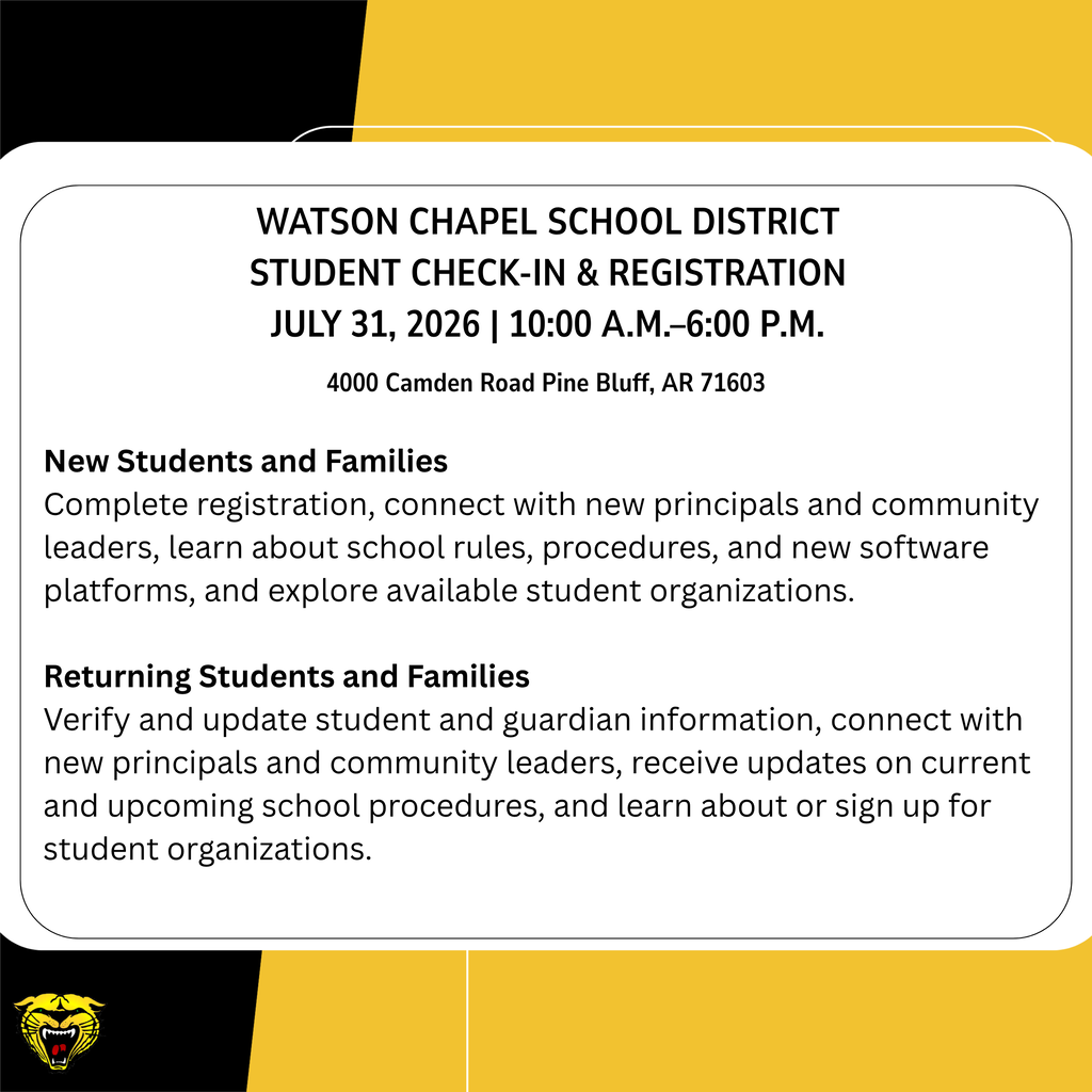 Document with a yellow and black gradient background. Text in white reads "Watson Check School District Student Check-In & Registration" and "July 31, 2026 | 10:00 A.M.-6:00 P.M."
