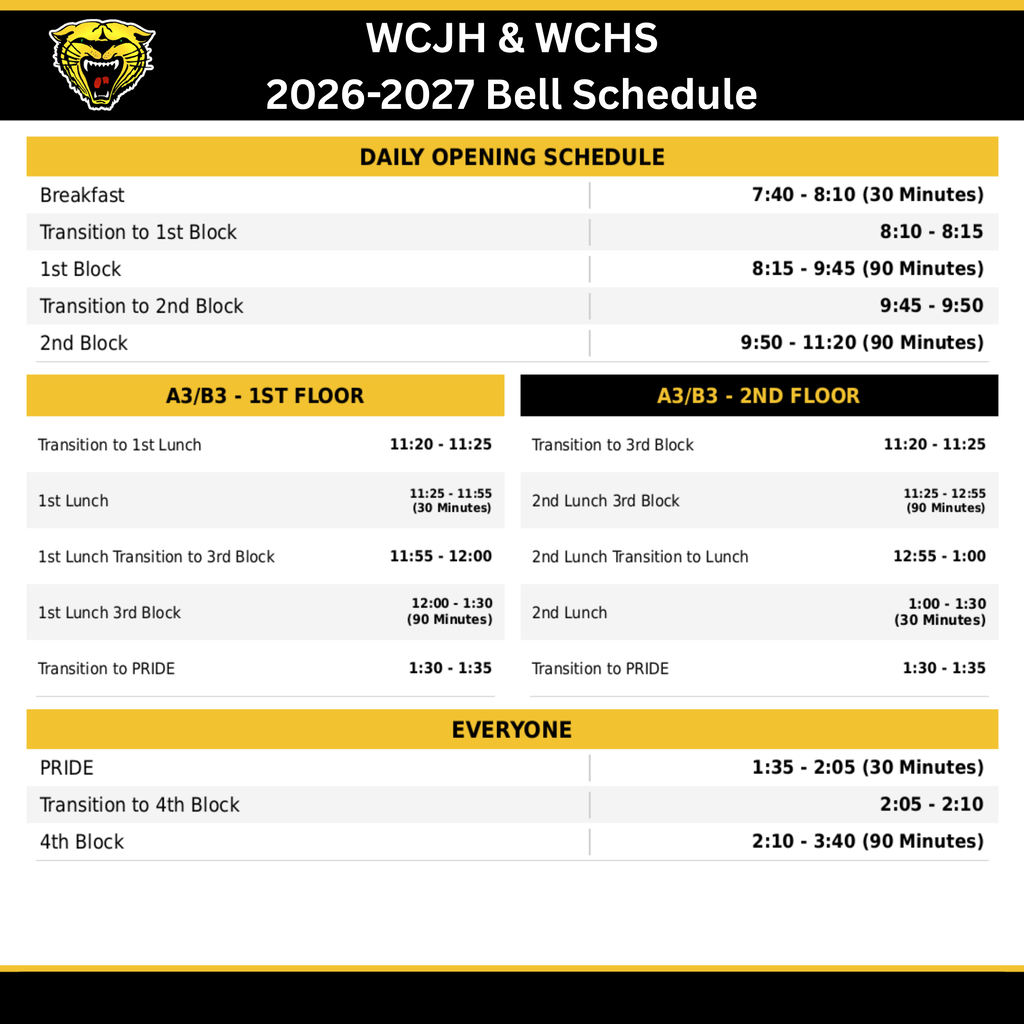 A schedule with two floors for WCJH & WCHS for 2026-2027. Times for various activities are listed.